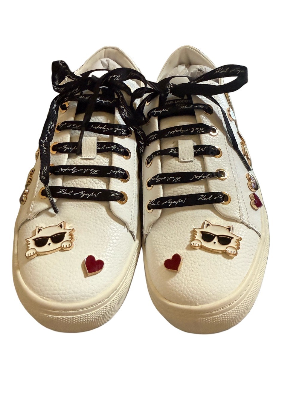Karl Lagerfeld White Leather Sneaker with Black Laces and Gold & Red Charms - Picture 2 of 9